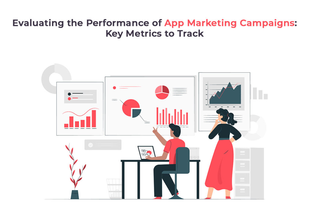 Illustration of a smartphone with a magnifying glass analyzing app marketing metrics